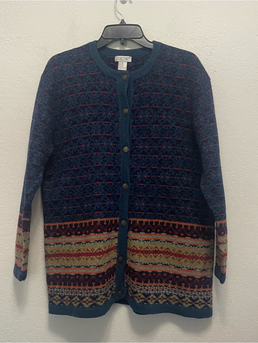 Vintage Skyr Nordic Wool Blend Faire Isle Sweater Cardigan XL Blue